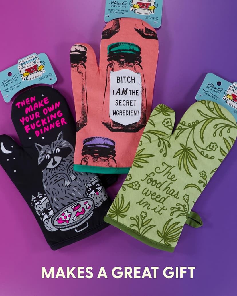 Cute Oven Mitts with unique artwork, Super-Insulatted Quilting, Easy care maintenance, Kitchen gifts for women and home cooks Blue Q Oven Mitts - Cute Kitchen Accessories & Kitchen Gifts - The Secret B07M6K14GG