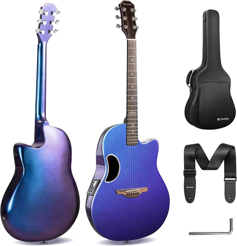 CAHAYA Acoustic Electric Guitar Kit - 41” Carbon Fiber Adult Beginner Set with Bag and Strap Built-In Pickup Rich Resonance & Warm Tone for Performance Ready, Pearl Blue-Purple Finish