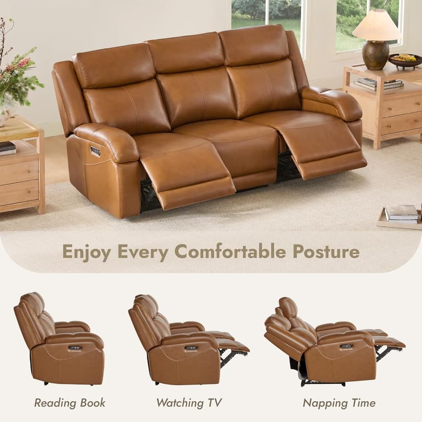 Watson & Whitely Genuine Leather Power Recliner Sofa, 3 Seater Wall Hugger Reclining Sofas with Power Headrest, USB & TypeC Ports, Electric Recliner Couch Set for Living Room, Saddle Brown