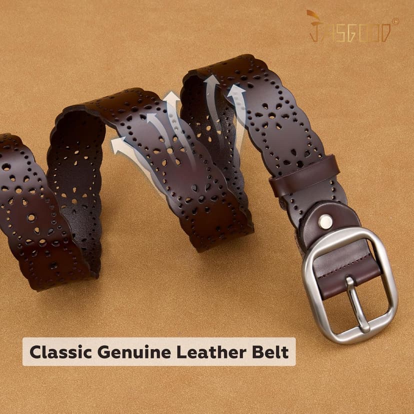 JASGOOD Women's Hollow Flower Genuine Leather Belt for Jeans Pants Wide Belt for Ladies
