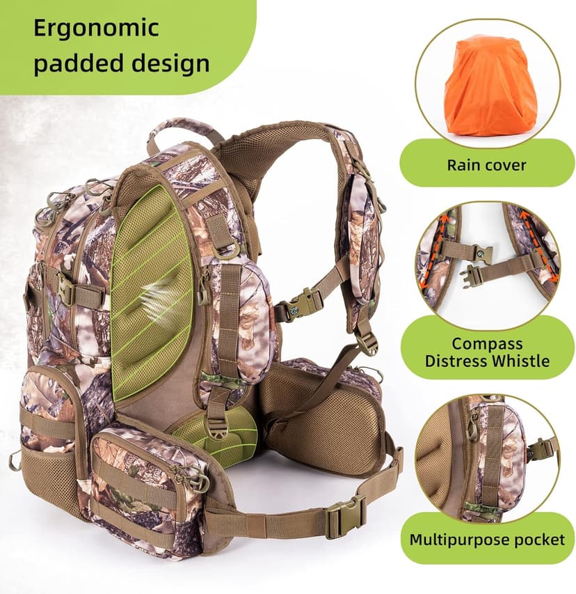 BLISSWILL Large Hunting Backpack with padded weapon compartment for Bow Rifle with Waterproof Rain Cover Hunting Gear Accessories 40L(Supercamo Timber)