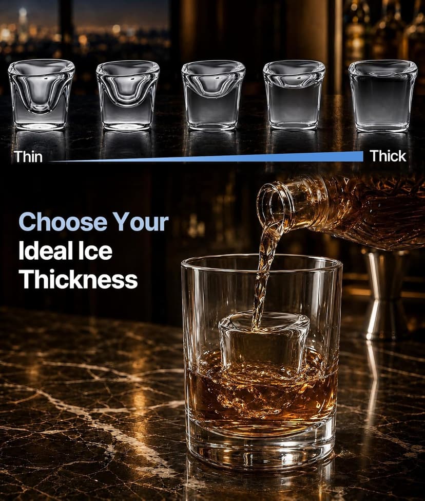 Clear Ice Cube Maker, 8 Crystal 1.2" Large Cubes in 20 Mins, Slow-Melting for Whiskey, 24H Timer, Self-Cleaning & Adjustable Thickness for Home Bar, Kitchen, Party