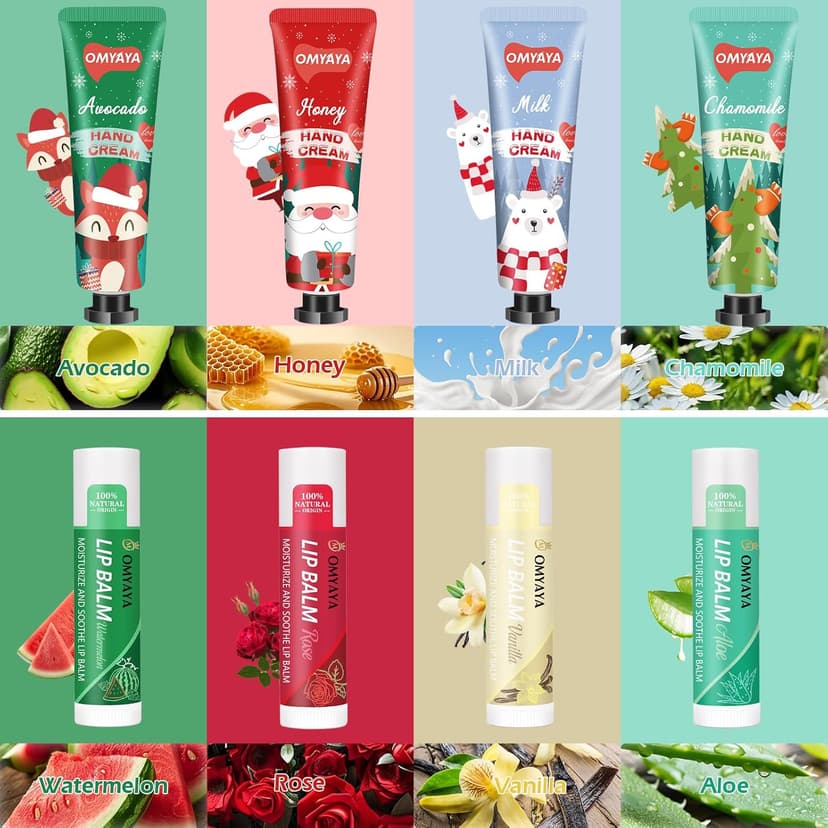 Candles Gifts for Women, 4 Christmas Scented Candles, 4 Mini Hand Cream Lotion & 4 Lip Blam Gift Set for Women, Ideal Party Favors Christmas Gifts Stocking Stuffers for Mom, Coworker, Teacher, Friend