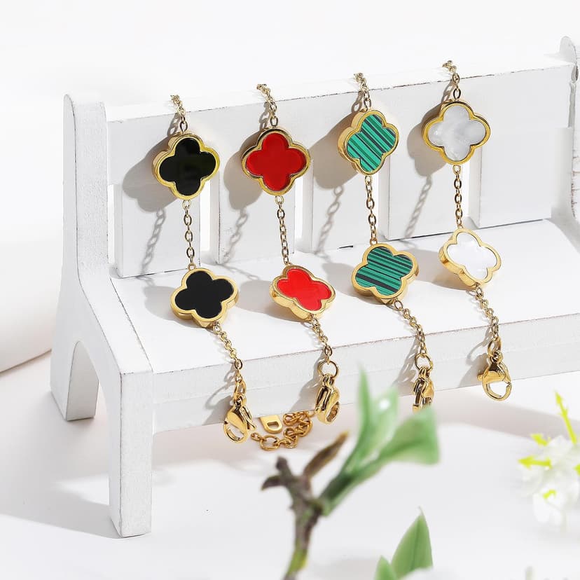 18K Gold Plated Clover Lucky Bracelet for Women White/Black/Red/Green Flower Four Leaf Link Bracelets Trendy Jewelry Gifts for Women