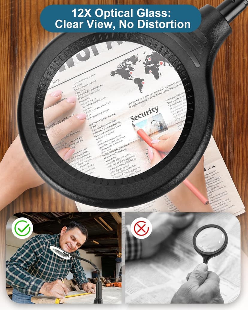 12X Magnifying Glass with Light and Stand, Real Glass, LED 5 Color Modes, Brightness Stepless Dimming Lighted Magnifier Hands Free with Flexible Gooseneck Desk Clamp Lamp for Close Work, Craft, Hobby B0DC3KH6XY