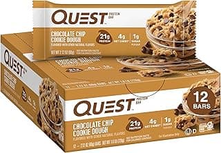 Quest Nutrition Chocolate Chip Dough Cookie Protein Bars, 21g Protein, 1g Sugar, 4g Net Carb, High Fiber, Gluten Free, Keto Friendy, 12 Count