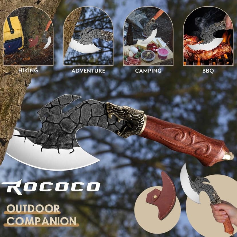 ROCOCO Viking Cleaver Knife Butcher Meat Cutting Boning Knife Hand Forged Chinese Kitchen Axe with Sheath Home Outdoor BBQ Camping Chirstmas Birthday Chirstmas Mother Father Gift Men