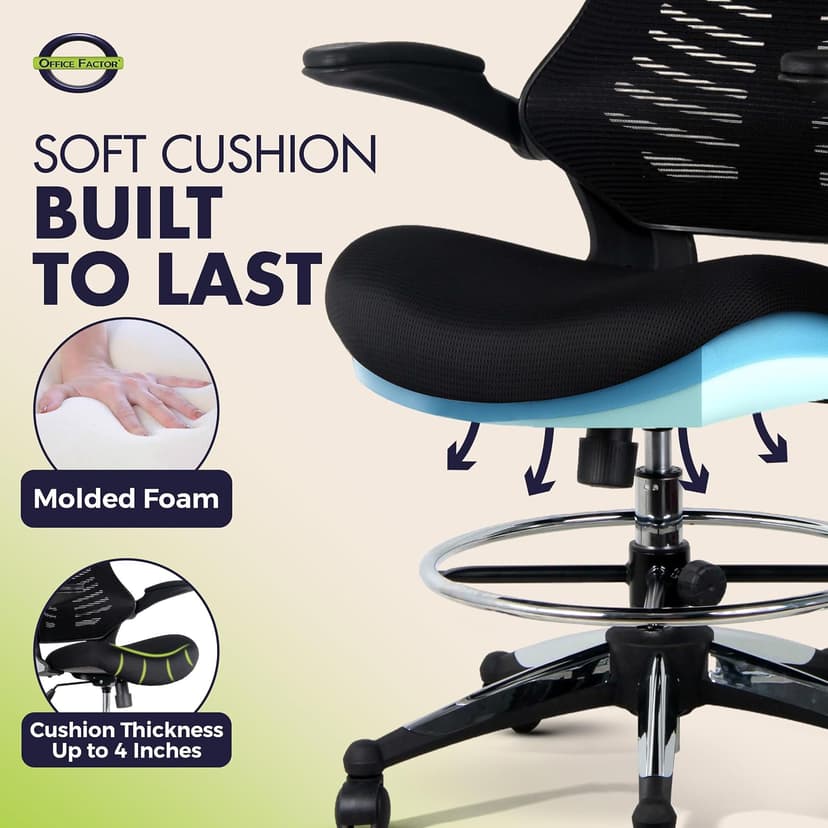 OfficeFactor 300 Lbs Tall Drafting Chair with Adjustable Foot Ring & Flip-Up Arms – Ergonomic Standing Desk Chair, Breathable Mesh Office Chair for Tall Desks, Counter Height & Reception(Black)