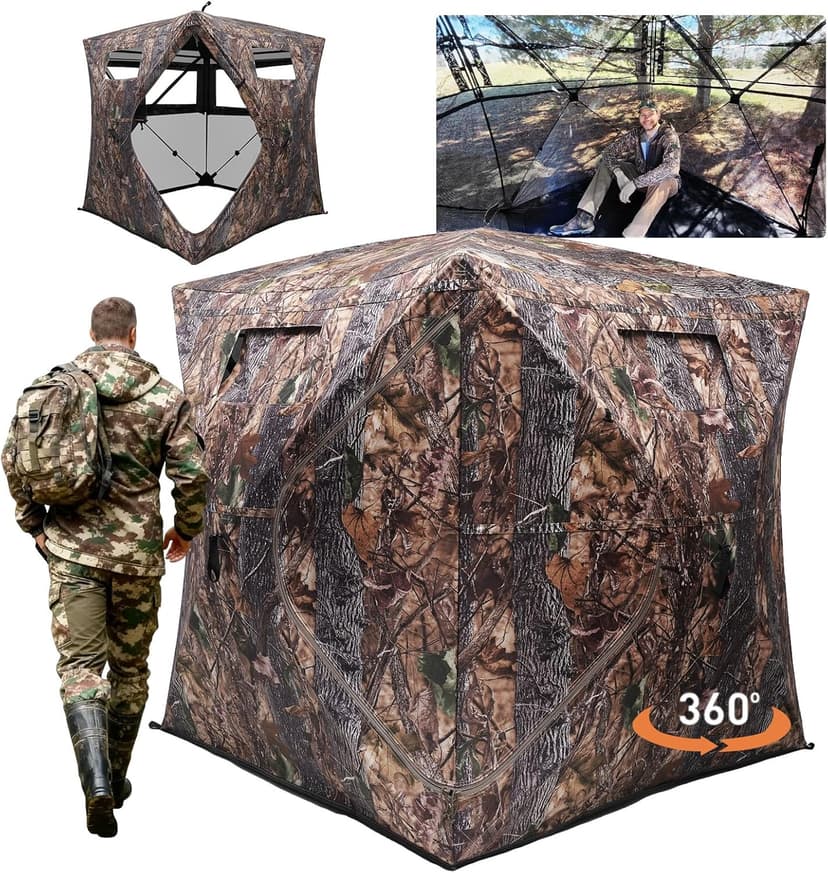 FUNHORUN Hunting Blind with Floor Mat, 360 Degree See Through Ground Blind with Carrying Bag, 2/3/4 Person Pop Up Camouflage Tent Portable Concealed Shelter