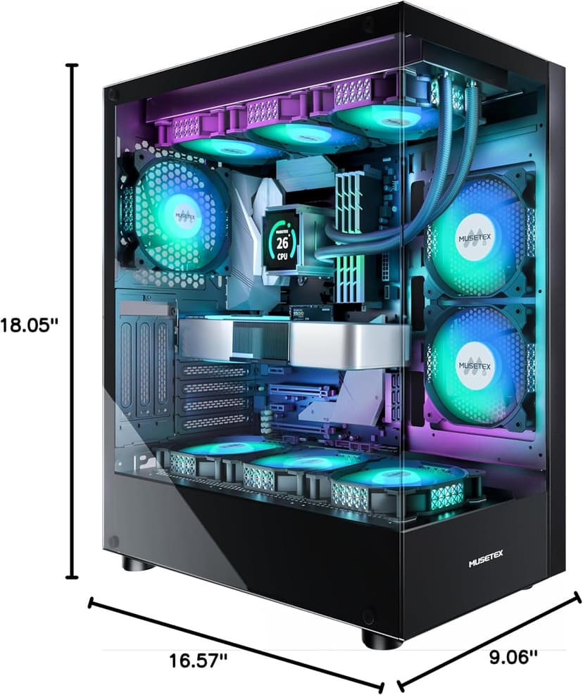 MUSETEX PC CASE ATX 6 PWM ARGB Fans Pre-Installed, Type-C Mid Tower Computer Case with Full-View Dual Tempered Glass, Gaming PC Case,Black(K2)