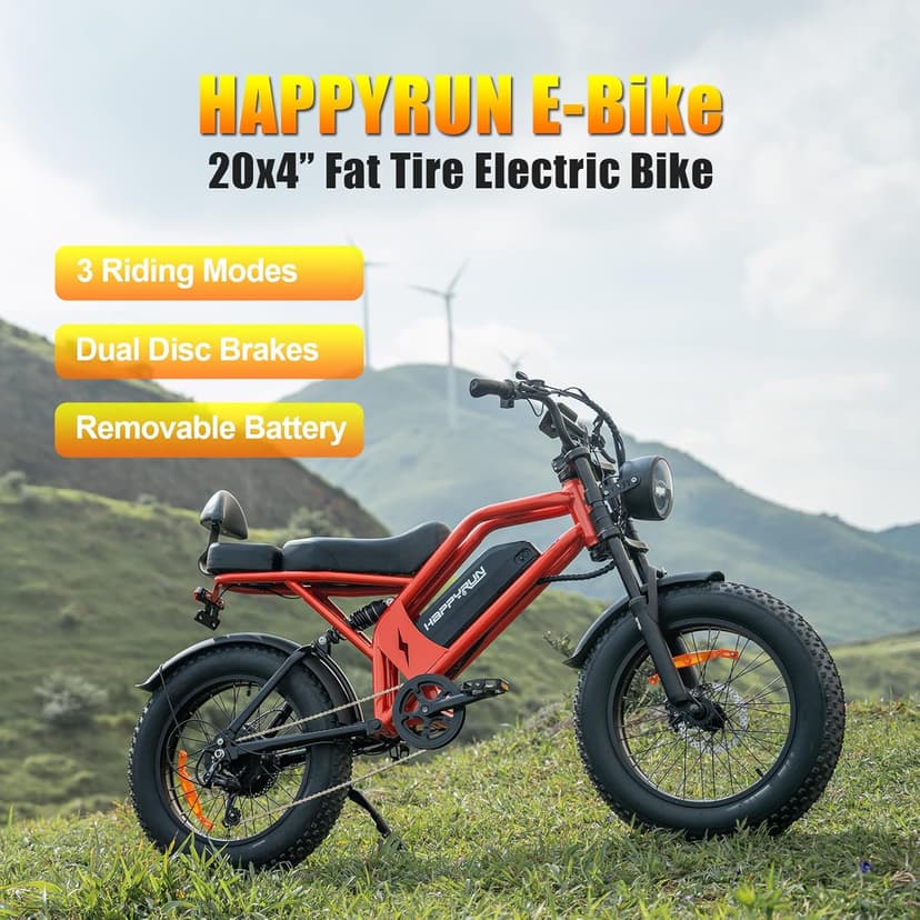 HAPPYRUN 1500W Electric Bike for Adults, 48V 18Ah Removable Battery, 20" Fat Tire E-Bike, 32MPH & 68+ Miles Range, 7-Speed Transmission, All-Terrain Mountain Ebike for Men & Women (Orange-red)