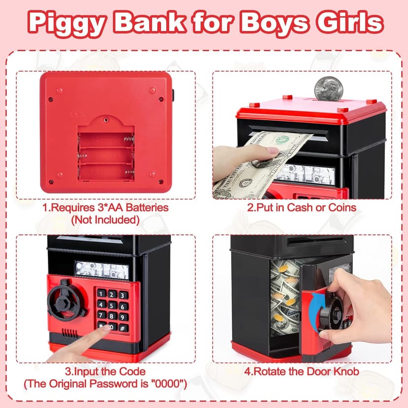 Refasy Piggy Bank Cash Coin Can ATM Bank Electronic Coin Money Bank for Kids Age 3-12, Money Savings Box Mini ATM Coin Bank Toys Gifts for 3 4 5 6 7 8 9 10 11 12 Year Old Boys Girls