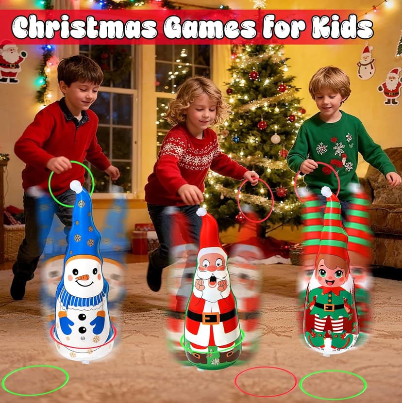 Christmas Games Gifts for Kids Family, Christmas Inflatable Santa, Snowman & Elf Ring Toss Game Set, Office Party Favors Supplies, Indoor Outdoor Carnival Party Decorations Toys