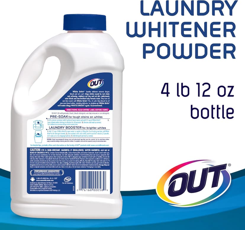 OUT White Brite Laundry Whitener Bleach Alternative, Stain Remover Detergent Booster Powder for Clothes, 4 Pound 12 Ounce Bottle