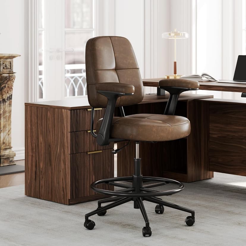 Drafting Executive Chair, Tall Office Chair with Padded Flip-Up Armrests, Mid-Back Cushioned Seat, 360° Swivel Rolling Computer Desk Chair for Standing Desk & Home Office, Vintage Brown