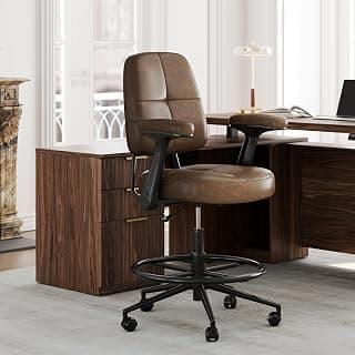 Drafting Executive Chair, Tall Office Chair with Padded Flip-Up Armrests, Mid-Back Cushioned Seat, 360° Swivel Rolling Computer Desk Chair for Standing Desk & Home Office, Vintage Brown