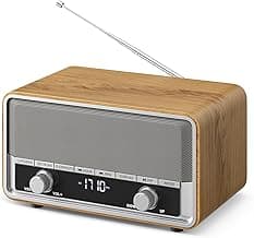 Vintage Wood AM FM Bluetooth Radio with Clock, Digital Clock Radio for Bedroom with LCD Display | 40 Presets | Sleep Timer | No Alarm, Retro Bluetooth Speaker for Office, Kitchen (Wood)