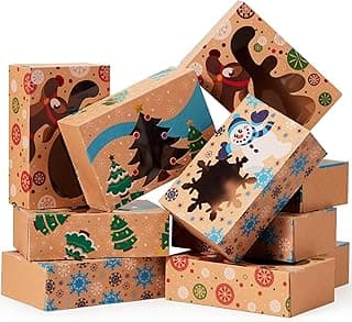 JOYIN 12PCS Christmas Cookie Boxes for Gift Giving, 8.75" x 5.75" x 2.75" Xmas Holiday Treat Cookie Tin with Window, 3 Designs Brown Foiled Kraft Bakery Box for Pastries, Cupcakes, Brownies, Doughnut
