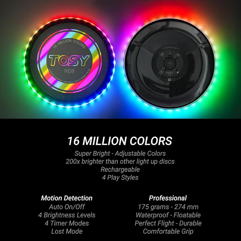TOSY Flying Disc - 108 RGB Multicolor or 36 Monocolor LEDs, Super Bright, Smart Modes, Christmas Stocking Stuffers Gift, Camping Toy for Kid/Teen/Adult, Auto Light Up, Rechargeable, Waterproof, 175g