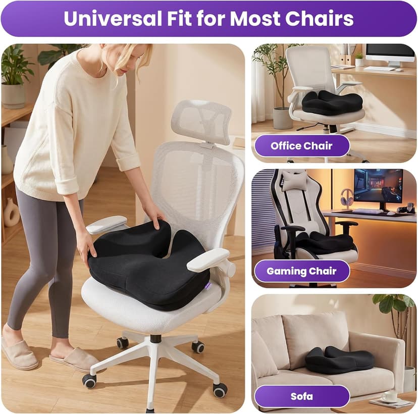 ZZ-WELL Seat Cushions for Office Chairs - Patented Coccyx Cushion for Tailbone Pain - 21.2" W x 16.5" L Memory Foam Extra Large Seat Cushion, Removable & Machine Washable Cover (Black)