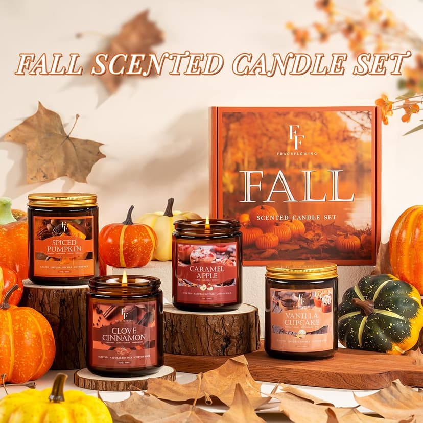 Fall Candles Set, 4 Pack Candles for Home Scented Natural Soy Wax, Autumn Gifts Set for Women Men, Fall Fragrance of Pumpkin/Cinnamon/Vanilla Cupcake/Apple B0F66HVPDY