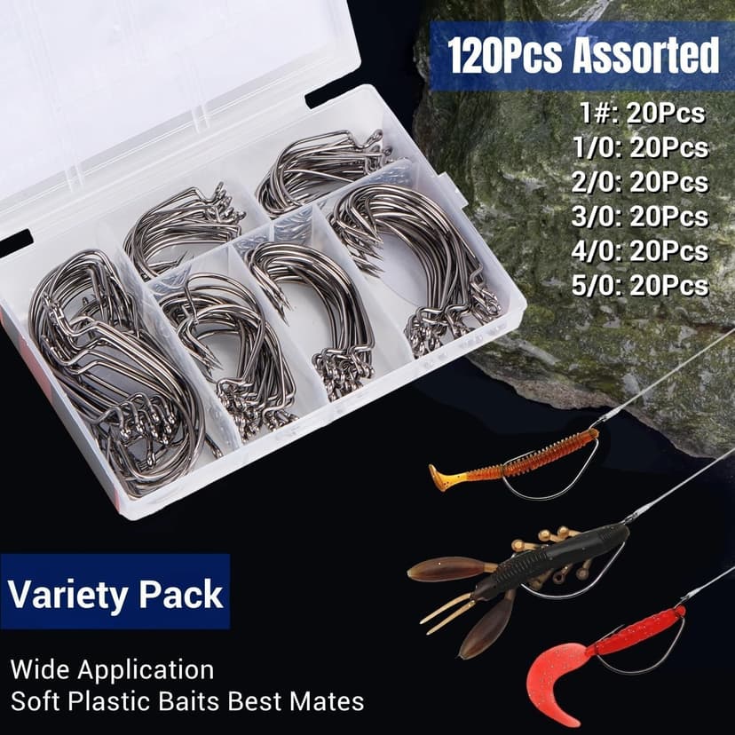 FINOSEAK 120Pcs Bass Hooks Set, Strong Offset Bass Fishing Hooks Freshwater Barbed Sharp Worm Hooks for Texas Rigging Fishing Extra Wide Gap 6 Sizes Assorted #1 1/0 2/0 3/0 4/0 5/0