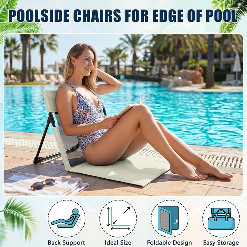 Foldable Poolside Chairs, 2 Pack Lightweight Portable Beach Chairs with Back Support for Adults, Compact Folding Pool Edge Chair for Outdoor Camping Picnic Beach, Light Beige