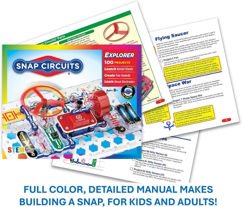 Build 100+ STEM projects with 28 snap-together parts and a full-color project manual SNAP CIRCUITS Jr. SC-100 STEM Electronics Kit, 100+ Projects, Ages 8+ B00008BFZH