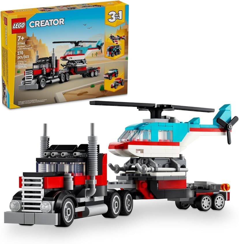 LEGO Creator 3 in 1 Flatbed Truck with Helicopter Toy, Transforms from Flatbed Truck Toy to Propeller Plane to Hot Rod and SUV Cars, Gift Idea for Boys and Girls Ages 7 Years Old and Up, 31146 B0CGY4J7QT