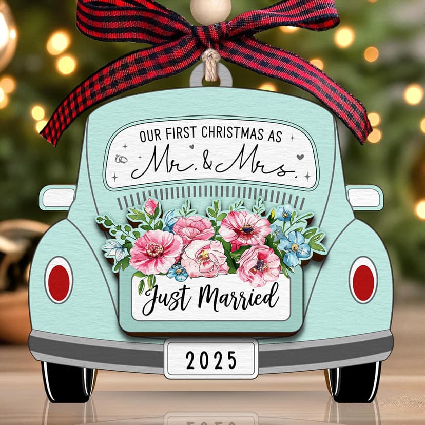 TUMSHANIP First Christmas Married Ornament 2025 - Wedding Ornaments - Wedding Gifts for Couples 2025, Newlyweds, Bride - Mr and Mrs Gifts - Just Married Couple Gift - Wood Ornament