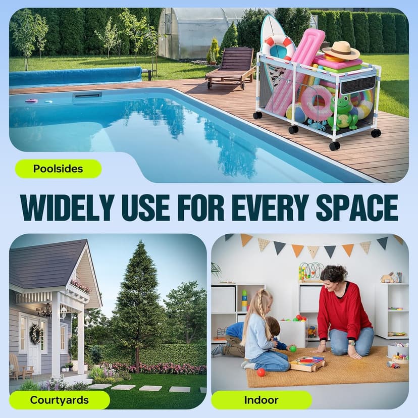 Pool Float Storage - Outdoor Pool Toy Storage Organizer for Pool Noodles, Toys, Floats, Beach Balls, and Equipment, Above Ground Pool Accessories, Rolling Outdoor Pool Storage Bin with Zipper Design