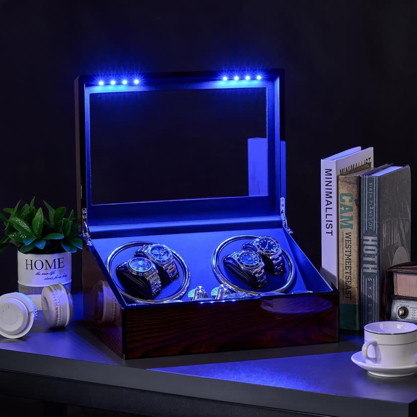 BEWISHOME BEWISHOME Watch Winders for Automatic Watches, Automatic Watch Winder Box Watch Spinner with LED Light, 4 Watch Winder with Quiet Running Motor and 6 Storage Case for Man/Woman's Watches, Brown SYQ01Y