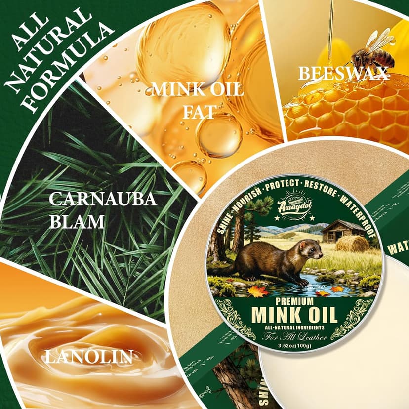 Awaydol 4-in-1 Mink Oil Leather Conditioner and Cleaner 3.52 oz - Premium Waterproof Formula for Leather Cowboy Boots,Shoes,Saddles & Bags with Horsehair Brush, Sponge & Microfiber Cloth