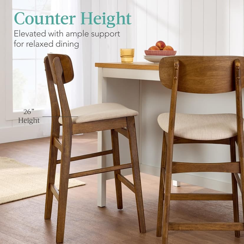 Best Choice Products Bar Stool Set of 2, Modern Farmhouse Counter Height Stools w/Upholstered Cushioned Seat, Wooden Curved Backrest - Walnut/Cream