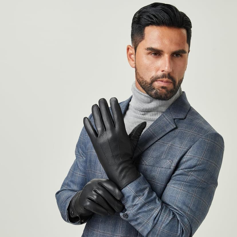 QOF Winter Genuine Leather Gloves for Men, Cashmere Warm Lined Finger Touchscreen Texting Driving Gloves