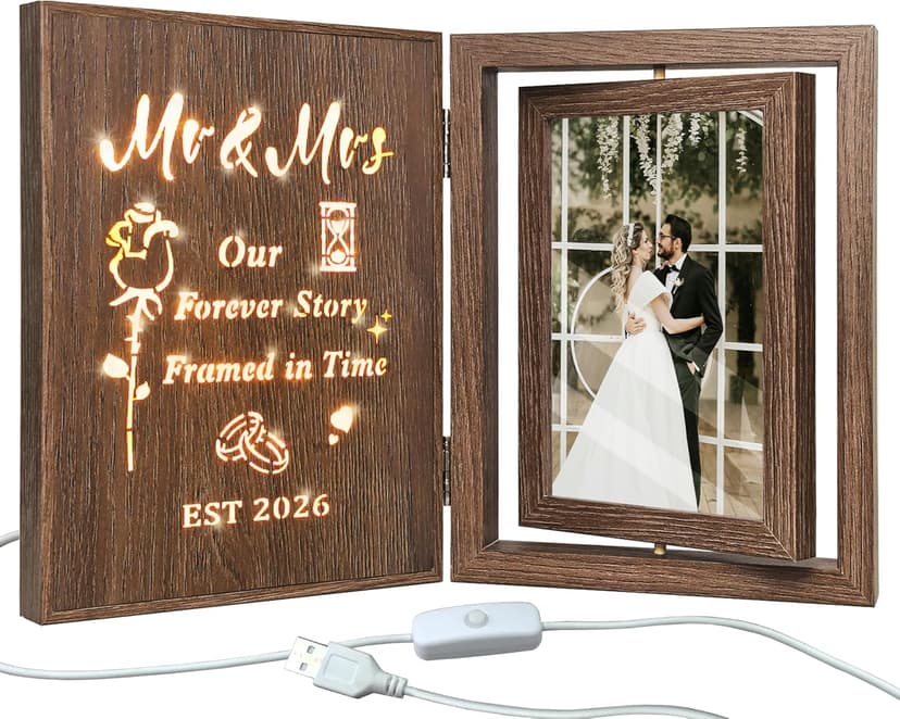 Bridal Shower Gifts for Bride Groom, Wood Wedding Photo Frames 4x6 for 2 Pictures EYITUPC Rotating Light Up Mr Mrs 2026 Wood Frame Bridal Shower Wedding Gift B0G1Y2DY35