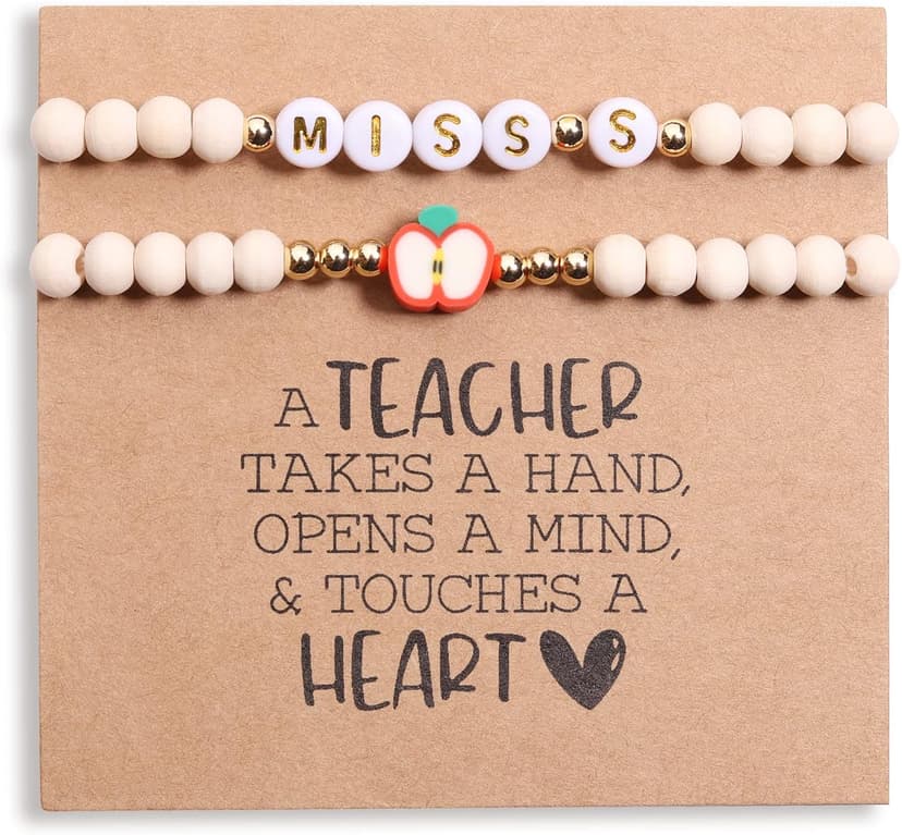Personalized Teacher Bracelet for Women, 2 Pcs Initial Mrs Miss Ms Teacher Appreciation Gifts With Card From Student Friends, Thank You TEACH Gift for Women