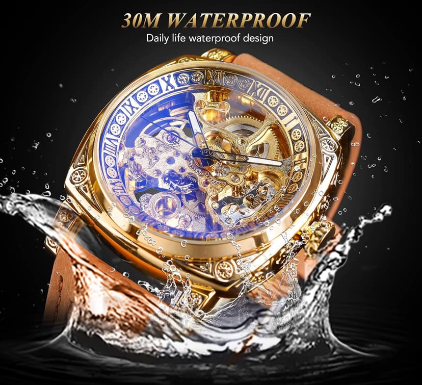 FORSINING Watches for Man, Square Retro Mechanical Watch Self-Wind Carved, Skeleton Automatic Watches Vintage Leather Strap Wristwatch