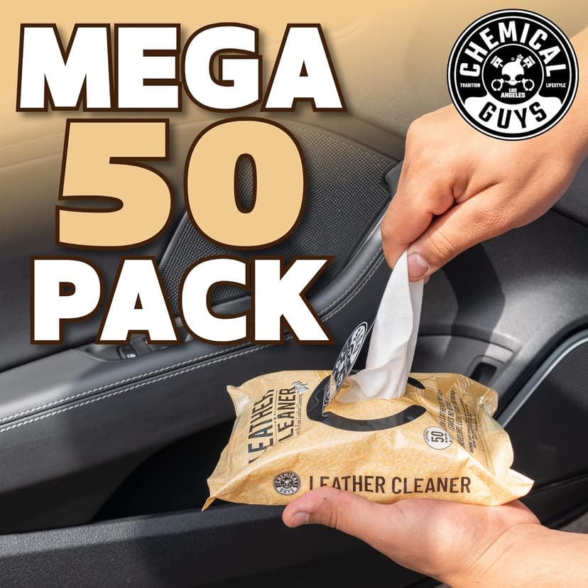 Chemical Guys Leather Cleaner Wipes Mega 50 Pack - Interior Leather Wipes for Cars, Natural, Synthetic, Faux & Pleather Surfaces, Safe for Cars, Trucks, Furniture, Boots & More, Convenient 50 Count