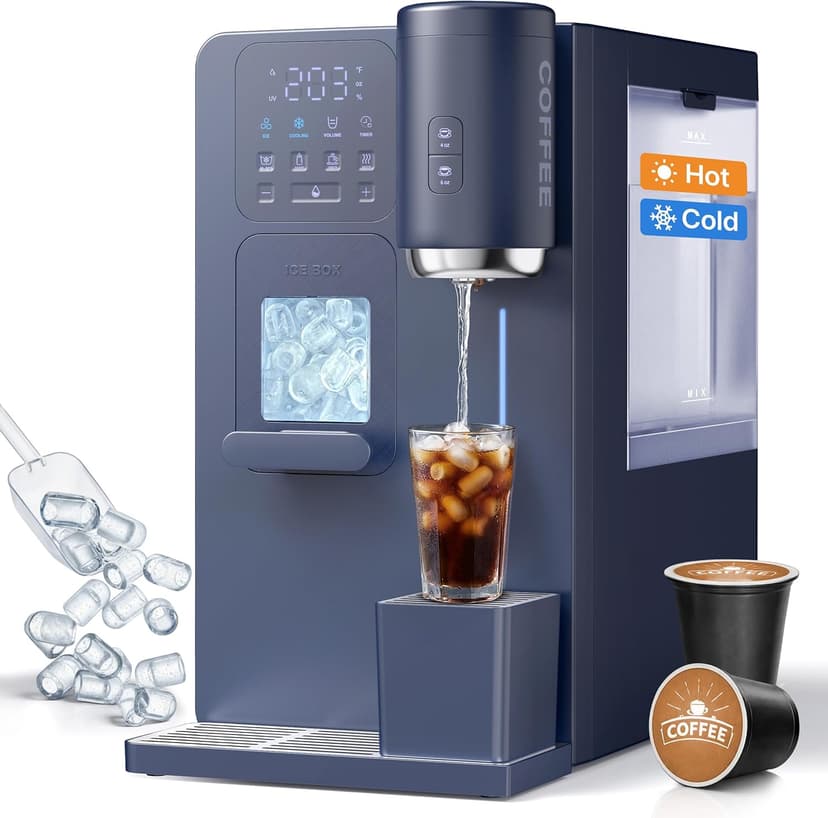 3-in-1 Water Dispenser with Ice Maker – Compact Coffee Brewer, K-Cup® Pod Compatible, Hot/Cold/Warm Water, Adjustable Water Volume, Bullet Ice Ready in 8–12 Minutes, for Home & Office