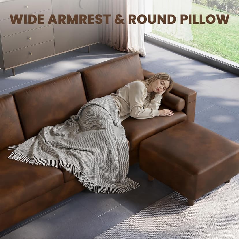 Vesgantti 100" PU Faux Leather Sofa with Movable Ottoman, 3 Seater L Shaped Leather Sectional Couch with Side Pocket, Comfy Mid Century Modern Modular Couch for Living Room, Apartment, Cocoa