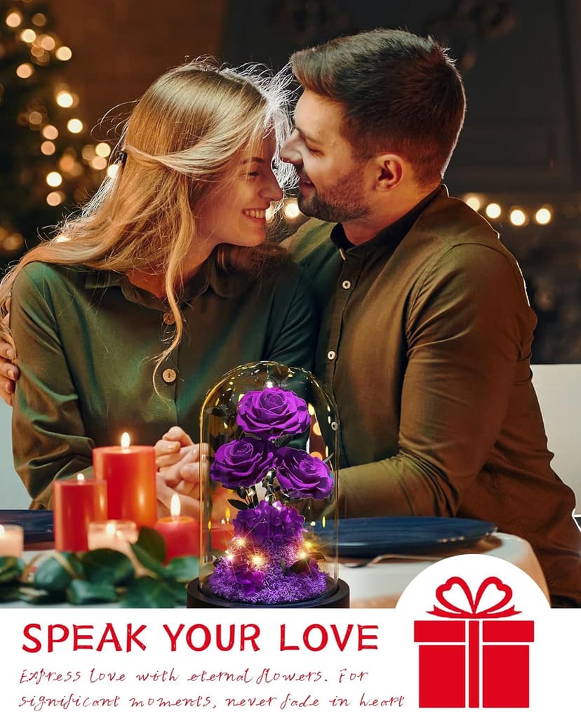 Christmas Flowers Roses Gifts for Mom,Forever Real Preserved Roses in Glass Dome,Christmas Anniversary Thanksgiving Gifts for Wife Girlfriend Women Best Friend Grandma/Purple Rose