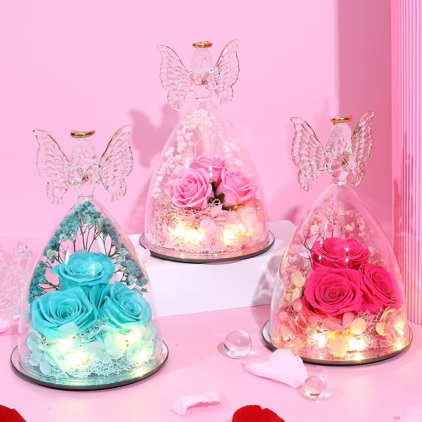 Christmas Rose Gifts for Women Preserved Real Flower in Glass Angel Figurines Roses for Delivery Prime Birthday Gifts for Mom Grandma Girlfriend Wife Her - Purple