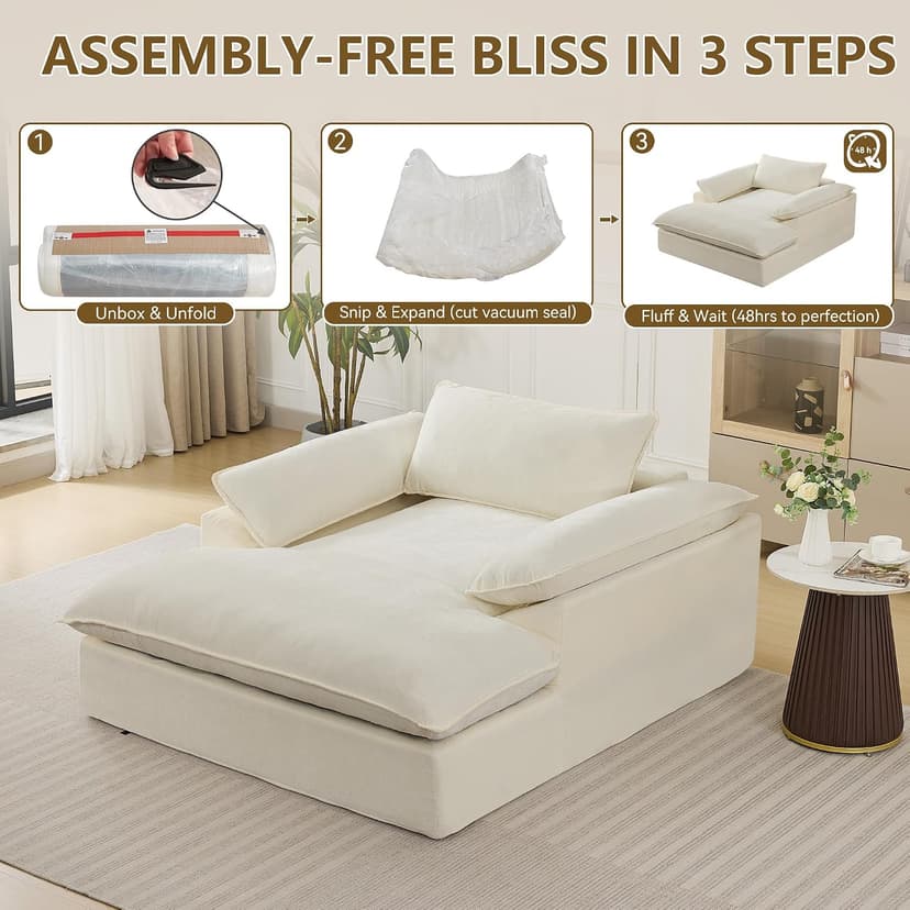 WUTUTUEE 69" Oversized Chaise Lounge Chair Indoor, No Assembly Beige Lounge Couch, Chenille Upholstered Sofa Bed with Pockets, Oversized Reading Chair with Ottoman for Living Room, Bedroom, Office