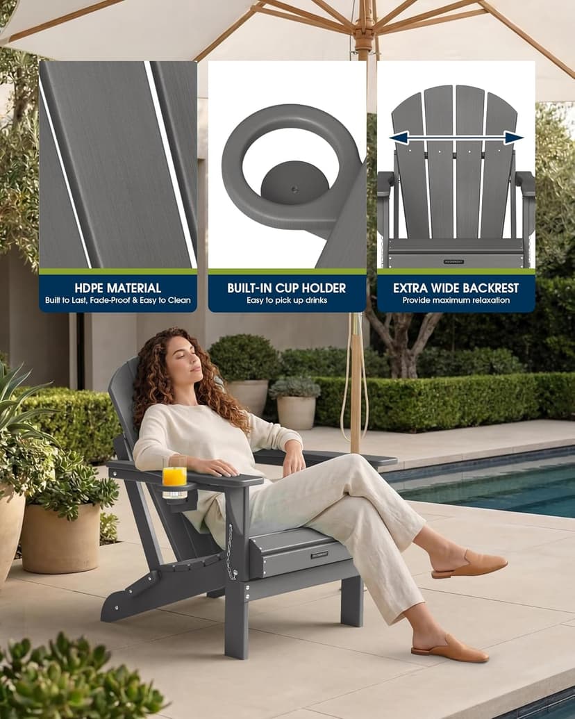MUCHENGHY Folding Adirondack Chairs, Patio Chairs, Lawn Chairs, Outdoor Chair, Adirondack Chair Plastic, Fire Pit, Weather Resistant with Cup Holder for Deck, Backyard, Garden(Gray)