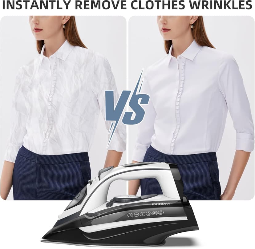 IRONDAY 1700W Steam Iron for Clothes, Rapid Heating, 3-Way Auto-Off, Spray Mist, Steam Burst, 14.07oz Water Tank, Adjustable Thermostat Dial