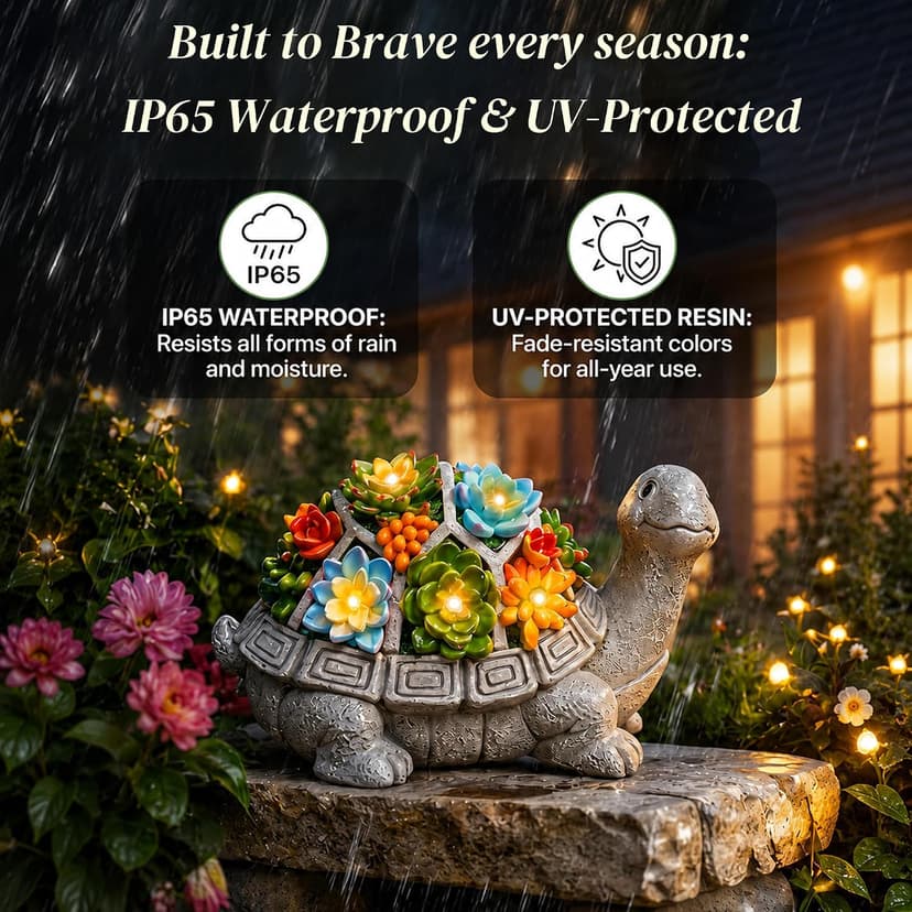 Nacome Solar Garden Outdoor Statues Turtle with Succulent and 7 LED Lights - Lawn Decor Tortoise Statue for Patio, Balcony, Yard Ornament - Unique Housewarming Gifts