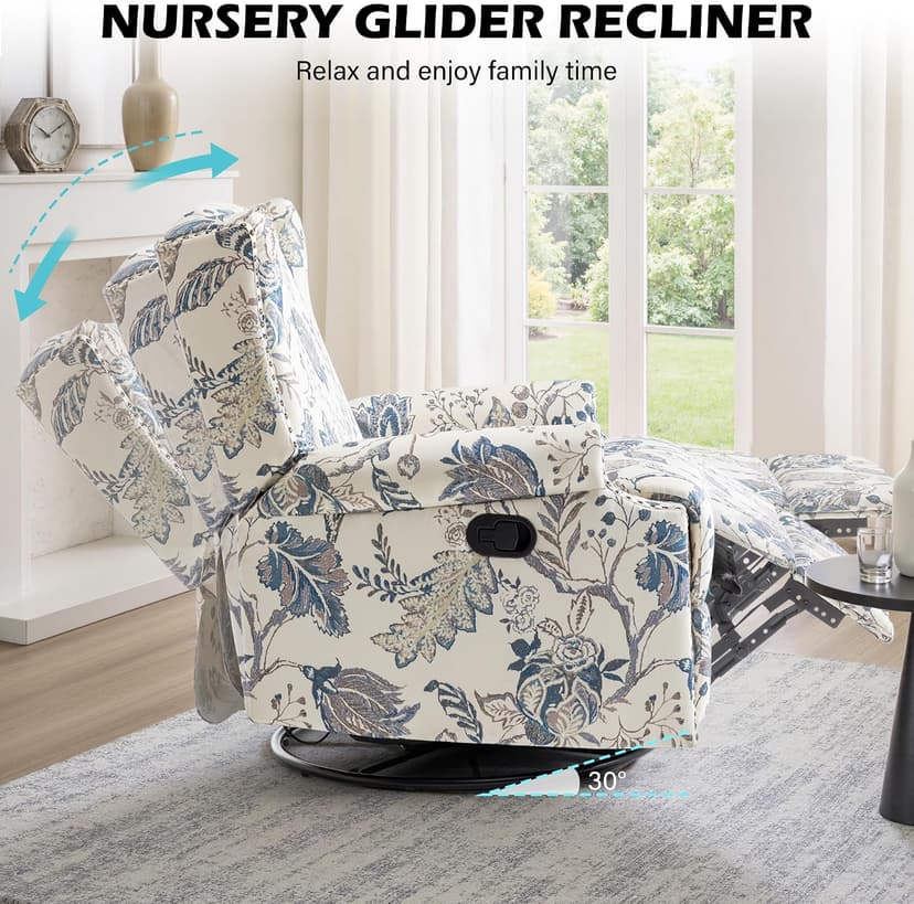 Swivel Glider Floral Recliner Chairs Set of 2, High Back Swivel Rocker Fabric Accent Chair for Living Room, Rivet Trim Upholstered Armchair Manual Sofa Seating - Plants Blue