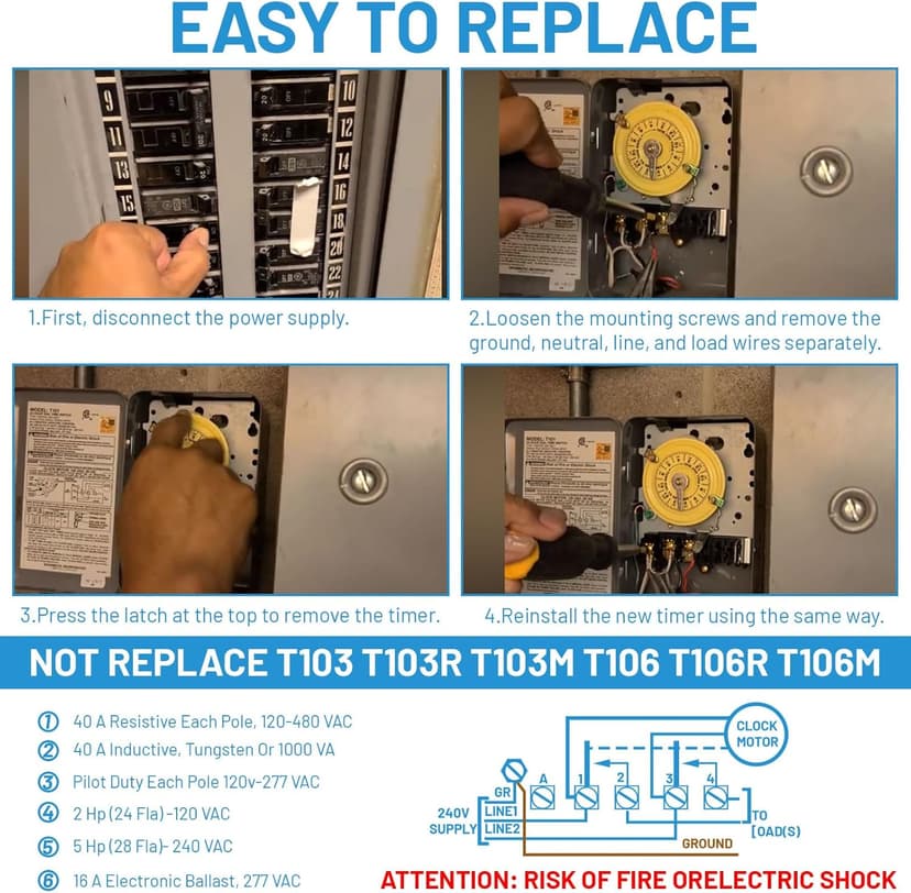 T104M Mechanical Time Switch (Mechanism Only), 208-277V AC 40A DPST, 24-Hour Dial with 12 ON/Off Trips, Heavy-Duty Timer Switch for Pool Pumps Water Heater Lighting and HVAC, with 4 Timer Trippers
