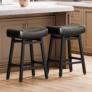 Counter Height Bar Stools Set of 2, 24 Inch Backless BarStools for Kitchen Island Leather Saddle Bar Chairs Kitchen Stools with 4" Thick Seats & Heavy Duty Metal Base, Black